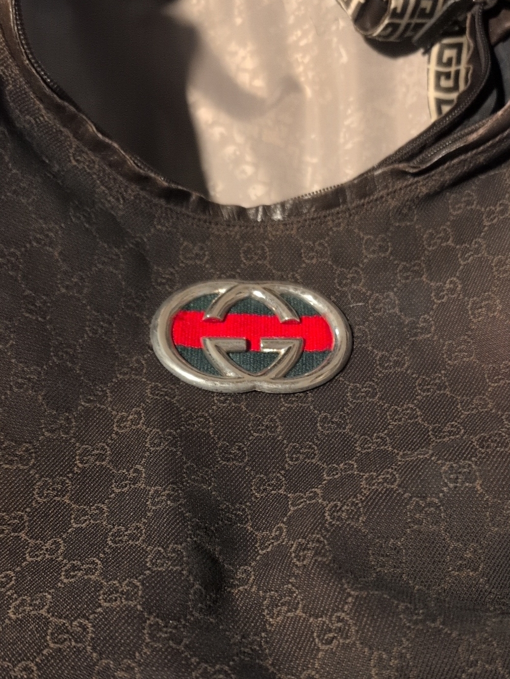 Gucci Brown Monogram Shoulder Bag with Red & Green Stripe and Silver GG